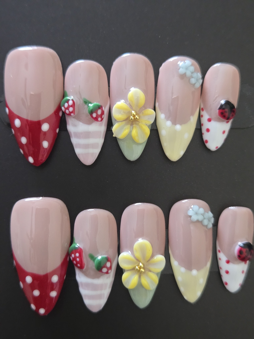 Cute Pastel Floral & Fruit 3D Nail Set with Polka Dot Tips